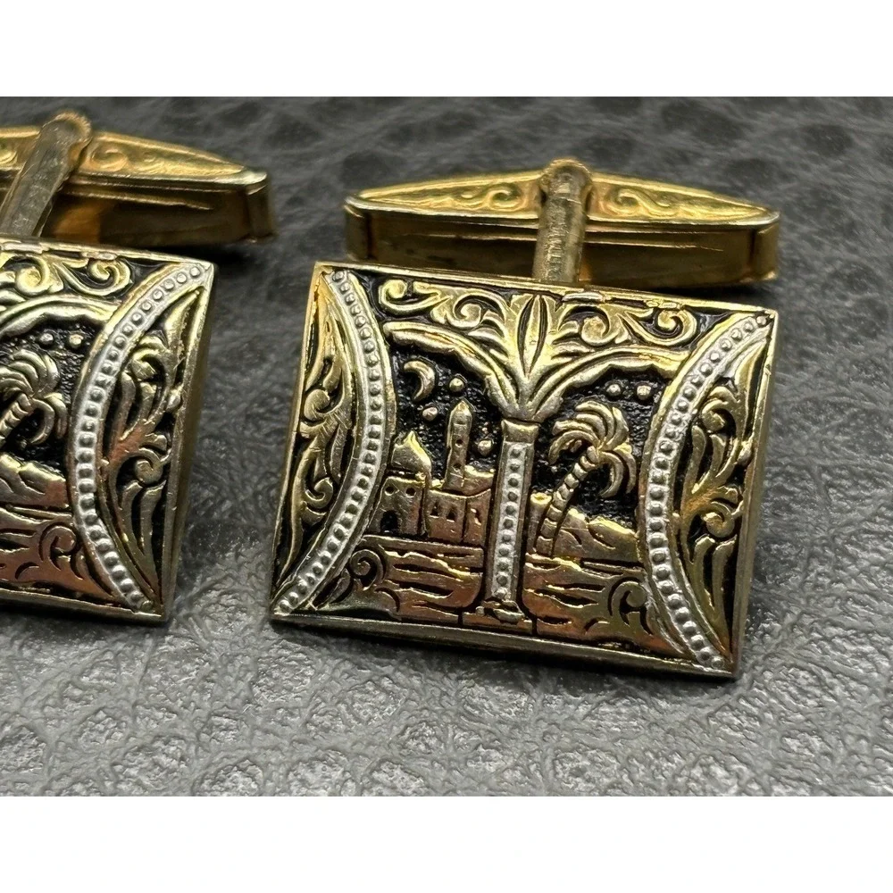Vintage Damascene Gold Tone Ornate Rectangular Cufflinks Palace Palm Tree Moon
